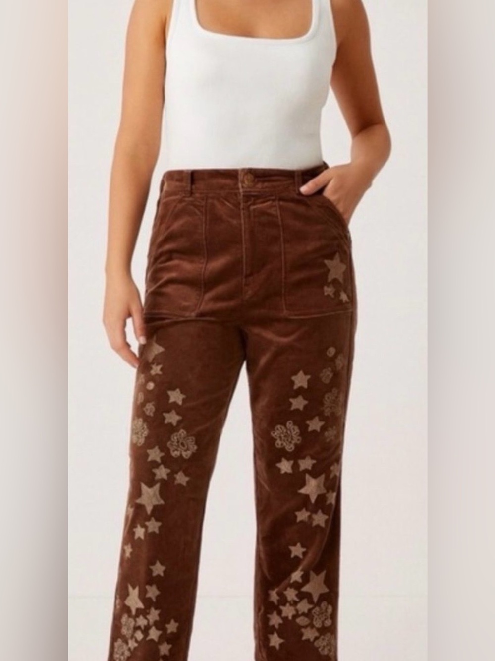 NWT Pilcro The Wanderer Relaxed Leg Brown Velvet Embellished Star-Print Size 30